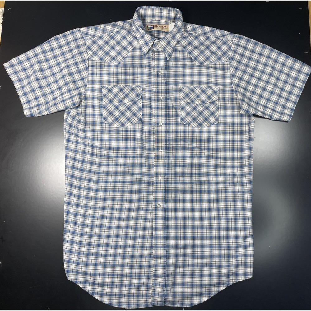 Vintage Big Mac Authentic Work Wear Men's Blue Plaid Pearl Snap Shirt Sz XL
